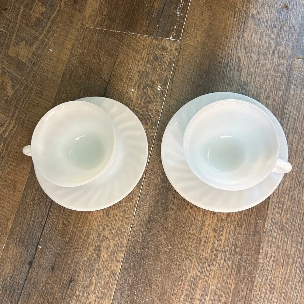 Vintage Fire-King White Swirl Milk Glass Teacup and Saucer Set of 2 MCM USA
